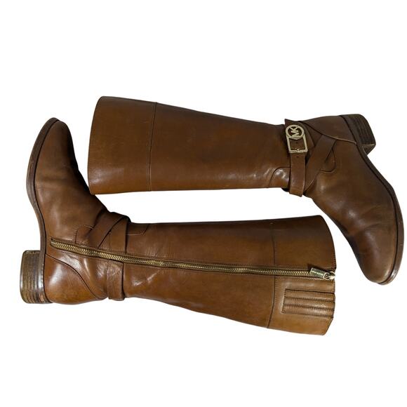 MICHAEL BY MICHAEL KORS! PECAN BROWN GENUINE LEATHER GOLD LOGO BOOTS!SZ 8M - Picture 7 of 12